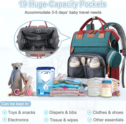 Miniatura 4 de SHITIESHOU Bolsa de pañales para mamá y papá, con cambiador, 19 bolsillos, grande, impermeable, bolsa de pañales para bebé, niña, niño, con bolsillo