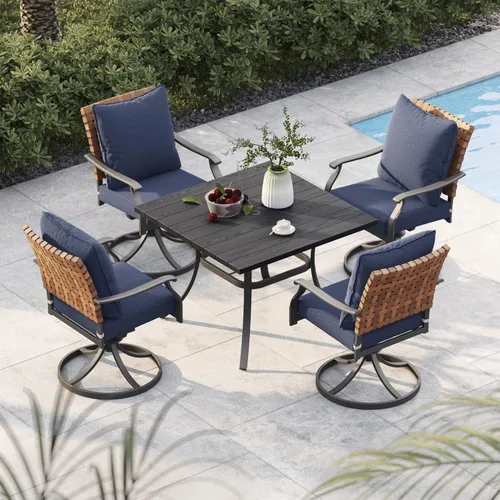 Miniatura 29 de Grand patio Juego de comedor de exterior de 5 piezas, 4 sillas de patio giratorias de mimbre con aspecto de cuero y 1 mesa de comedor cuadrada