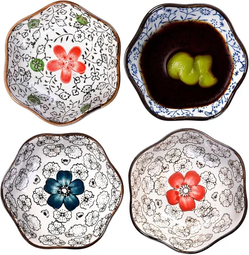 Juego de 4 cuencos japoneses de cerámica en forma de flor, platos pequeños de 4 pulgadas para salsa de soja, condimentos, sushi, aperitivos y