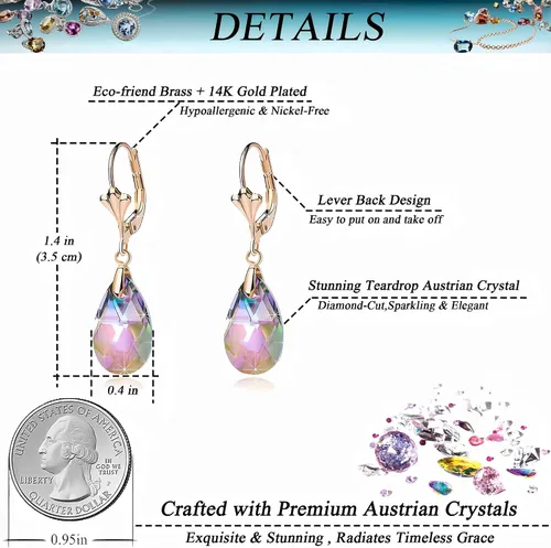 Miniatura 4 de Aretes con dijes con forma de lágrima de cristal austriaco, para mujer, cierre catalán, chapados en oro de 14 quilates joyas hipoalergénicas