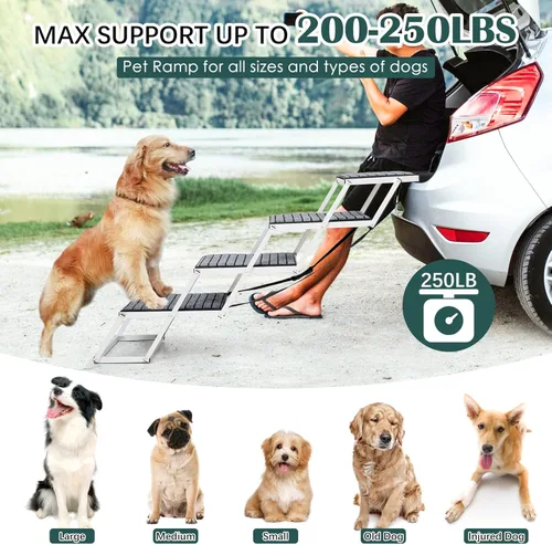 Miniatura 5 de Rampa para perros para automóvil, escalera extra ancha para automóvil para perros grandes, escalones para mascotas de aluminio ligero plegables