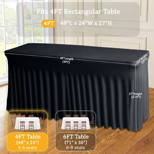 Miniatura 3 de JCJ Faldón de mesa para mesas rectangulares, manteles negros ajustados de spandex para mesas de 4 pies, faldones de mesa elásticos con volantes