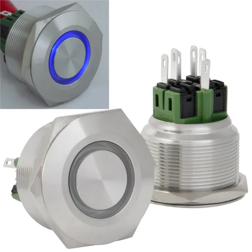 Miniatura 16 de JacobsParts Interruptor de arranque momentáneo de acero inoxidable plateado con LED azul para orificio de corte de panel de 1/2" (12 mm) de diámetro