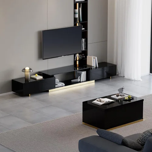 Miniatura 2 de homary Soporte de TV extensible, centro de entretenimiento moderno con cajones, consola multimedia de longitud ajustable para sala de estar y Negro