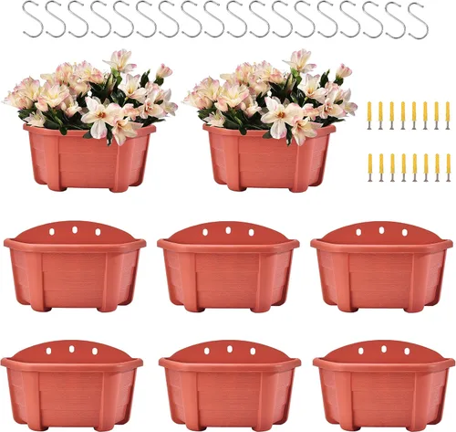 ORIMERC Paquete de 8 macetas colgantes de pared color rojo ladrillo de 9.8 pulgadas para plantas de interior y exterior, soporte para plantas