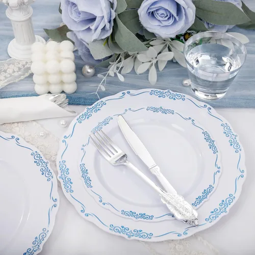 Miniatura 6 de DaYammi 350 piezas de platos de plástico azules y blancos desechables para fiestas, incluyen 50 platos de cena, 50 platos de postre, 50 servilletas