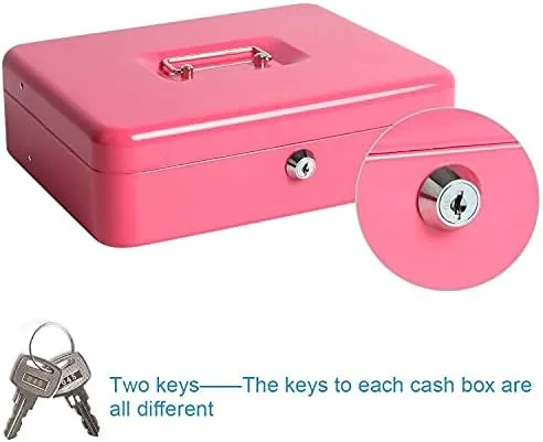 Miniatura 7 de Caja de dinero grande con bandeja de dinero y cerradura, caja de dinero de metal para efectivo, caja de seguridad de 11.8 x 9.5 x 3.54 pulgadas, rosa