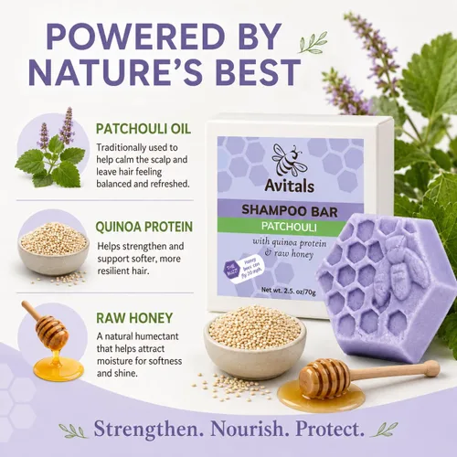 Miniatura 4 de Avital's Apiaries Barra de champú de pachulí para cabello seco y teñido sin sulfato sólido con proteína de quinua, pantenol y manteca de karité