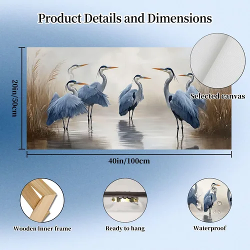 Miniatura 5 de 20"x 40" Canvas Wall Art Blue Heron Sea Bird Wild Bird Coastal Birds Vintage Heron Herons Blue Framed Pictures Painting Prints Large Wall Art for