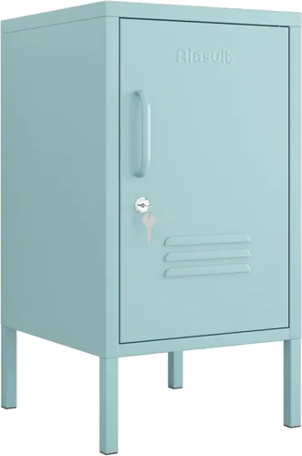 Miniatura 7 de Mesa auxiliar de una sola puerta, armario de almacenamiento de metal con cerradura, mesita de noche para niños de 2 niveles con estante ajustable