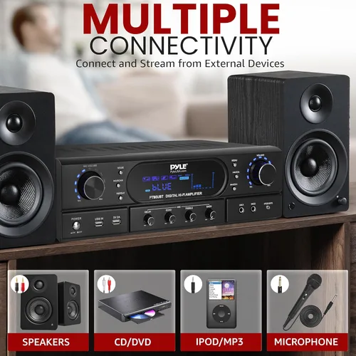 Miniatura 3 de Pyle Amplificador receptor de cine en casa Bluetooth – Amplificador de potencia máxima de 180 W con agudos, graves, control de eco, MP3/USB/FM