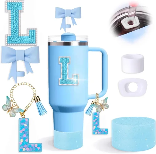 Miniatura 17 de Juego de 6 accesorios de copa Stanley color azul, adorno de pajilla con lazo para copa Stanley de 30 onzas, 40 onzas, incluye adorno de popote