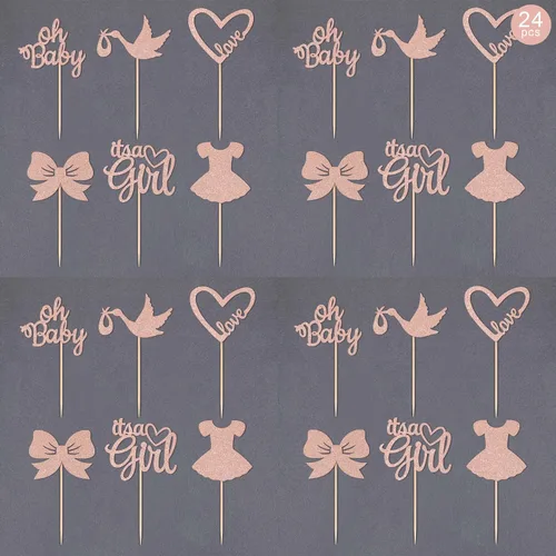 Miniatura 4 de Gexolenu 24 piezas Oh Baby Rose Gold de doble cara para cupcakes It's a Girl Cupcake Picks Heart Love Baby Shower Cake Decoraciones para niñas