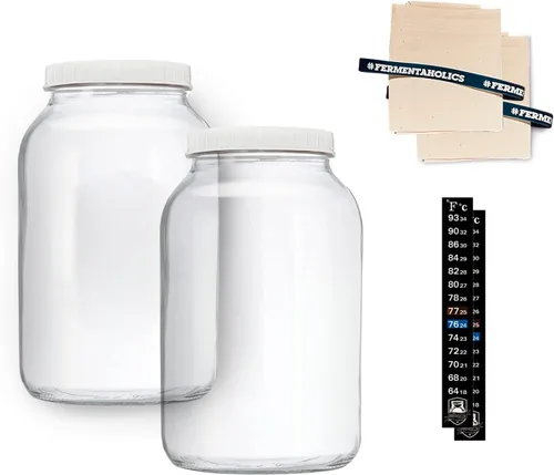 Fermentaholics 2 tarros de cristal de Kombucha de un galón y cubiertas de tela de muselina transpirable y bandas de goma | Paquete de 2 tarros de