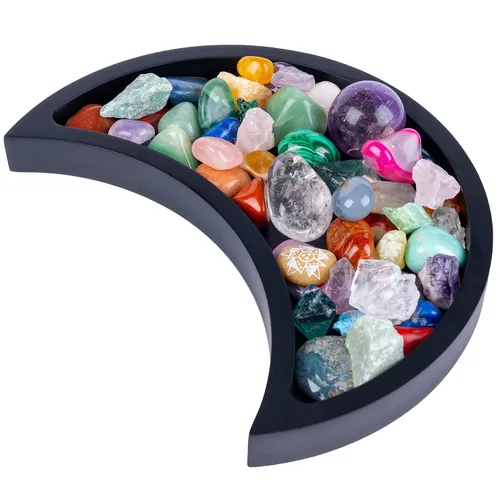 Miniatura 12 de Bandeja de luna creciente – Muestra tus gemas, piedras curativas y tesoros – Bandeja de exhibición de cristal de madera de 6 x 3 pulgadas, soporte