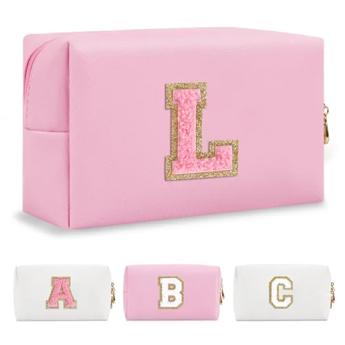Miniatura 194 de Pequeña bolsa de maquillaje personalizada con inicial A-Z Preppy Patch, bolsa de cosméticos de viaje de felpilla blanca con cremallera, bonita bolsa