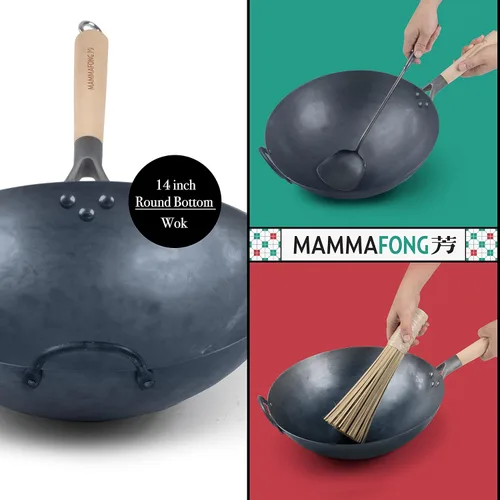 Miniatura 6 de Juego tradicional de wok de acero al carbono con fondo redondo martillado a mano con espátula Wok y cepillo de bambú
