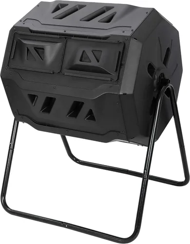 Contenedor de compostaje para exteriores con doble cámara, giratorio de 43 galones, con puertas correderas y marco de acero, sin BPA, para jardín,