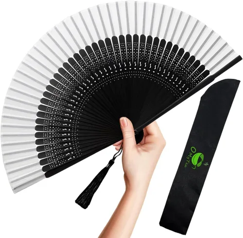 Miniatura 16 de OMyTea, abanico desplegable con motivo de flores de yuyos (8.27 pulgadas - 21 centímetros) con funda de tela para protección, estilo chino/japonés