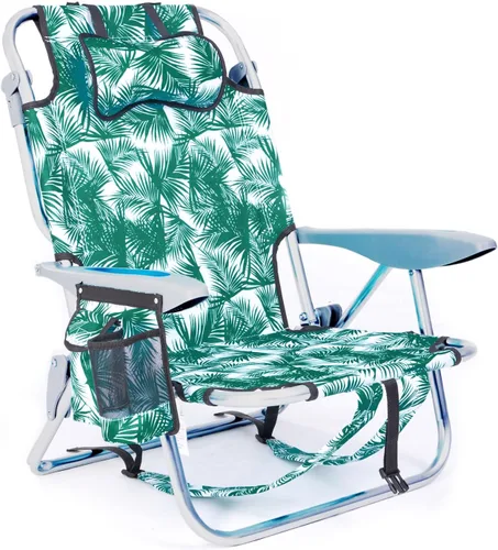 Miniatura 15 de Silla de playa tipo mochila para adultos, silla de camping plegable portátil con 5 posiciones reclinable, reposacabezas, portavasos y bolsa