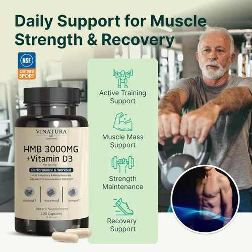 Miniatura 5 de VINATURA Suplemento HMB de 3000 mg y vitamina D3, defensa muscular con HMB (beta-hidroxi beta-metilbutirato), vitamina D3 (1600 UI), fabricado