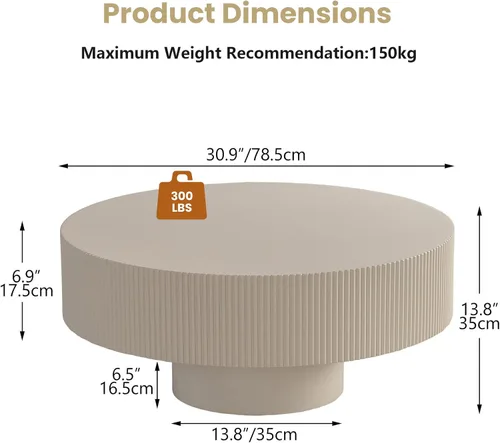 Miniatura 2 de Moderna mesa de centro redonda acanalada, mesa de centro de madera de tambor contemporáneo con base cilíndrica, mesa central circular para sala