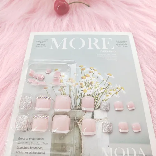 Miniatura 3 de Uñas postizas a presión con punta francesa blanca, uñas postizas cuadradas con diamantes de imitación, acrílico, rosa, polvo de purpurina, puntas