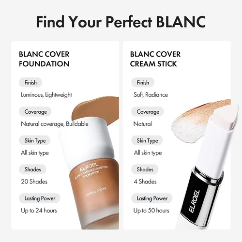 Miniatura 9 de ELROEL Blanc Cover Cream Stick V White – Barra de base de maquillaje coreana que cambia de color con Volufiline – Cobertura media a completa