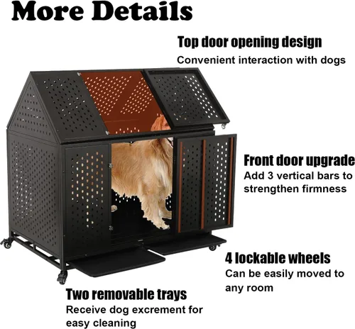 Miniatura 6 de Jaula para perros indestructible de 44 pulgadas con ruedas, jaula de acero a prueba de escapes para interiores, doble puerta, alta ansiedad