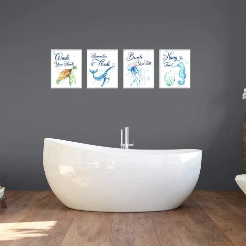 Miniatura 4 de CHIEN-CHI LILI Juego de 4 impresiones artísticas de acuarela para baño de Sea Marine Life (8 x 10 pulgadas), diseño de tortugas marinas, caballito