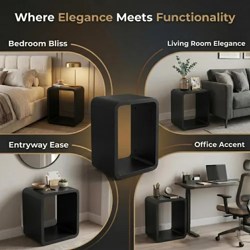 Miniatura 5 de Relso Aurora - Mesita de noche de madera maciza con estante abierto, mesa de noche con acabado negro, mesa auxiliar para dormitorio, sala de estar