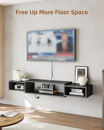 Miniatura 7 de Soporte de TV flotante de 55 pulgadas con toma de corriente, estante de consola multimedia montado en la pared para televisores, centro