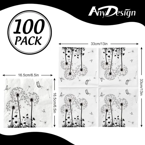 Miniatura 2 de AnyDesign Paquete de 100 servilletas de papel de diente de león, servilletas de almuerzo florales blancas y negras, desechables, decorativas