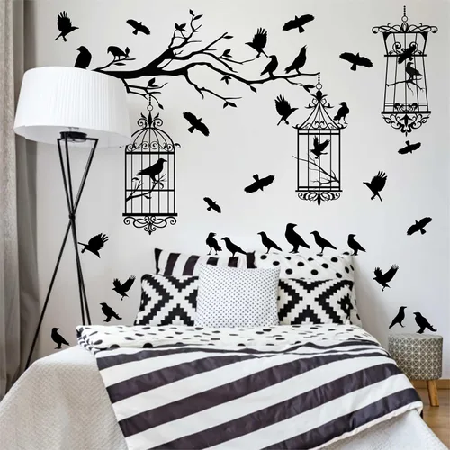 Miniatura 8 de Calcomanías de pared de ramas de árbol de Halloween, cuervo negro, pájaro, pájaro, pelar y pegar, calcomanías de cuervo para jaula de pájaro, Jaula
