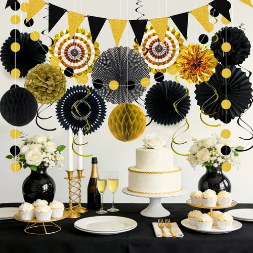 Miniatura 4 de 24 decoraciones de fiesta negras y doradas, abanicos de papel, guirnaldas de pompones de panal, suministros colgantes reutilizables para graduación