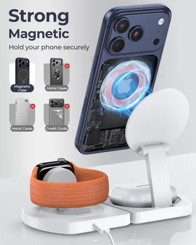 Miniatura 7 de Cargador inalámbrico para iPhone, estación de carga magnética 3 en 1 para Apple, soporte de cargador MagSafe para iPhone 17 Air 16 15 14 13 12