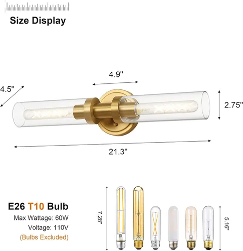 Miniatura 6 de SANTOSTOCK Lámpara de Vanidad de Baño de Oro Cepillado, Aplique de Pared Moderno de 2 Luces con Vidrio Transparente, Lámpara de Montaje en Pared