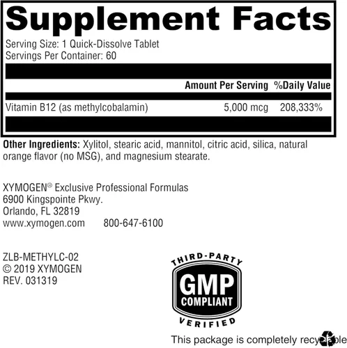 Miniatura 3 de XYMOGEN Metilcobalamina - 5 mg de vitamina B12 - Apoya la metilación saludable, la salud neurológica y la formación de glóbulos rojos - Sin OMG