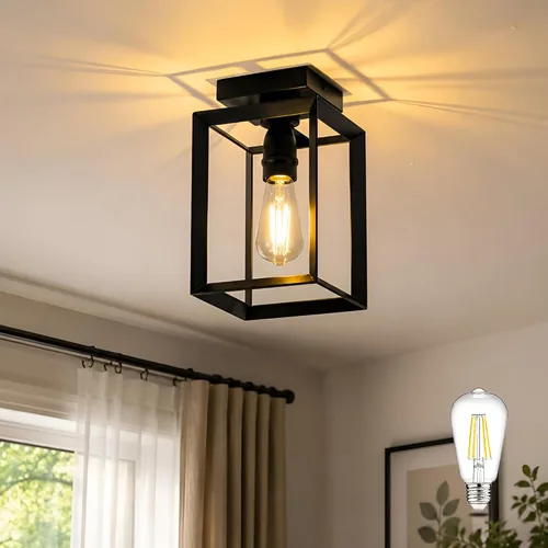Miniatura 10 de Mayful Lámpara de techo de montaje empotrado con pantalla de cristal transparente, lámpara de techo de marco de metal negro para granja para isla