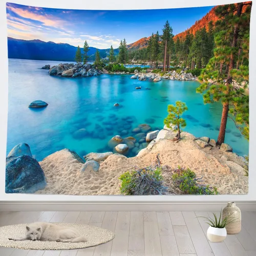 Miniatura 4 de BELECO Tapiz de lago de montaña de 60 x 40 pulgadas, color azul Lake Tahoe, con vista de orilla rocosa, playa, bosque verde, pinos, naturaleza