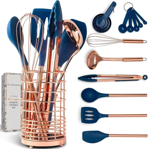 Juego de utensilios de cocina de silicona de cobre y azul, juego de 17 piezas con soporte para utensilios de cobre y tazas medidoras y cucharas para
