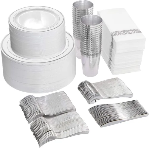 I00000 - Juego de vajilla plateada de 700 piezas para 100 invitados - 100 platos para cena, 100 platos para postre, 100 vasos desechables de 10