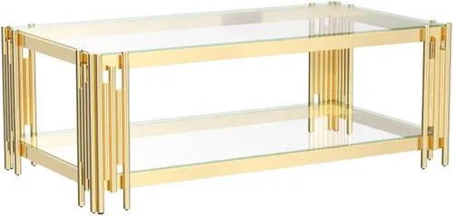 Miniatura 5 de Mesa auxiliar, mesa auxiliar moderna, parte superior de cristal, mesa de centro doble de acero inoxidable dorado para sala de estar
