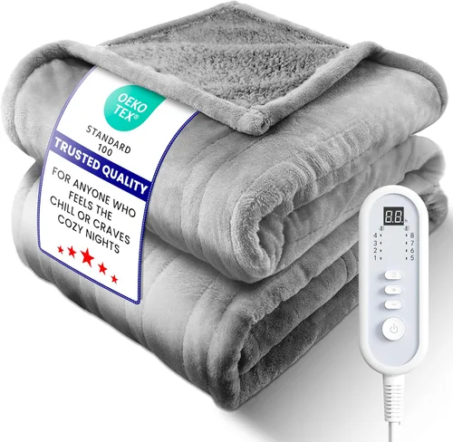 Miniatura 12 de Manta térmica eléctrica tamaño King, franela y sherpa de alta calidad ultra acogedora, distribución uniforme del calor y temperatura estable