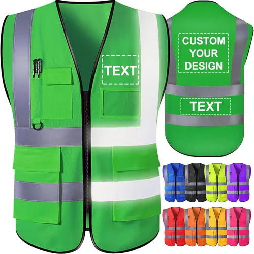 Miniatura 14 de Chaleco de seguridad personalizado para hombre con bolsillos con logo, chalecos reflectantes de alta visibilidad para construcción, ropa de Naranja