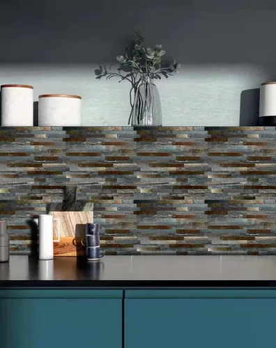 Miniatura 4 de 10 hojas de azulejos de metal de PVC para salpicaduras de pelar y pegar, adhesivo de pared de grano de madera autoadhesivo, fácil de pegar