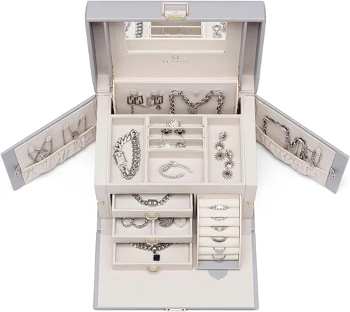 Miniatura 7 de Vlando Organizador de caja de joyería con espejo, caja de almacenamiento de joyería de cuero, collares, aretes, anillos, soportes, soporte de caja