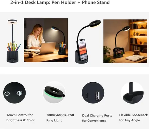 Miniatura 8 de HomeFocus Lámpara de escritorio, lámpara de escritorio LED RGB, lámpara de mesa, luz de lectura y luz nocturna para oficina en casa, negro