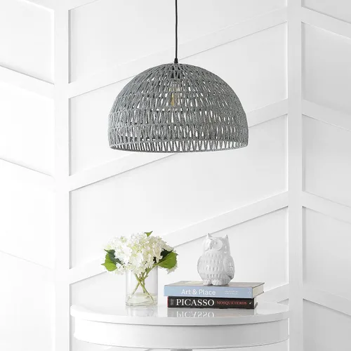 Miniatura 10 de JONATHAN Y Lámpara colgante LED de cuerda tejida bohemia moderna gris de 20 pulgadas, lámpara de techo de cúpula ajustable para isla de cocina