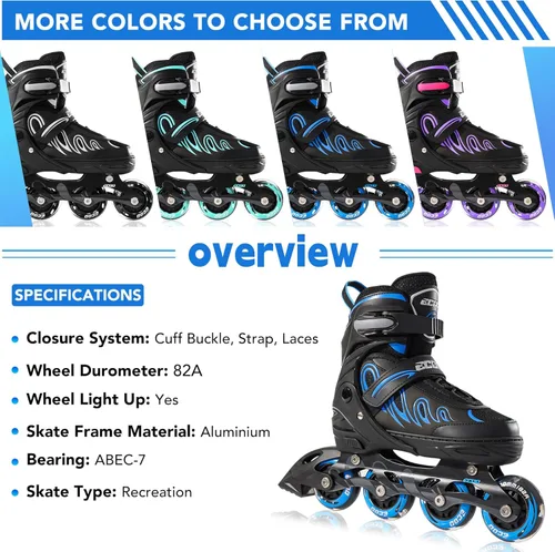 Miniatura 6 de Patines en línea para niñas y niños de 5 a 8 años, 8 a 12 años, ruedas iluminadas, tamaño ajustable, para niños, adultos, mujeres, exteriores Azul